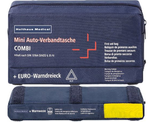 Verbandtasche Mini, blau, 3 in 1, Pannendreieck und Warnweste