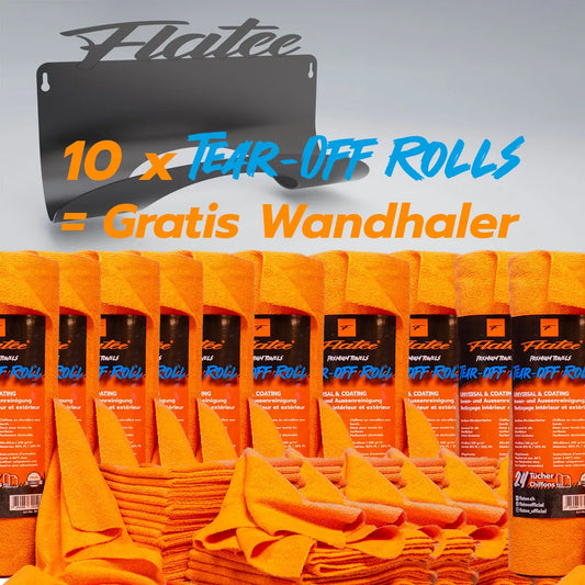 AKTION Flatee 10 Rollen tear-off Mikrofastertuch 40 x 40 cm inkl. Wand-Rollenhalter