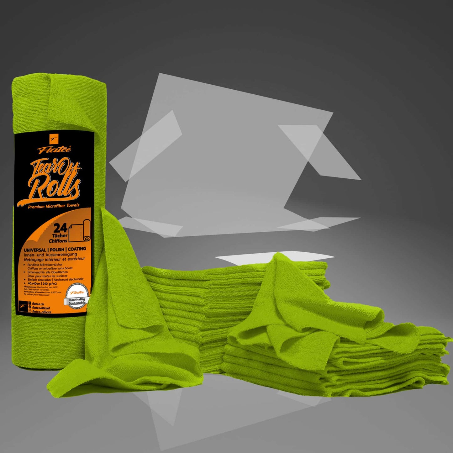 Flatee Tear-Off Roll 24 Mikrofasertücher auf der Rolle 40x40cm – 240gr/m2 – lime green